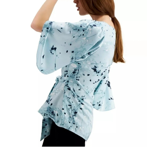 ✨️4/$20. NWT ALFANI Floral Printed Tie-Front Satin Butterfly Sleeve Blouse, S - Picture 2 of 11